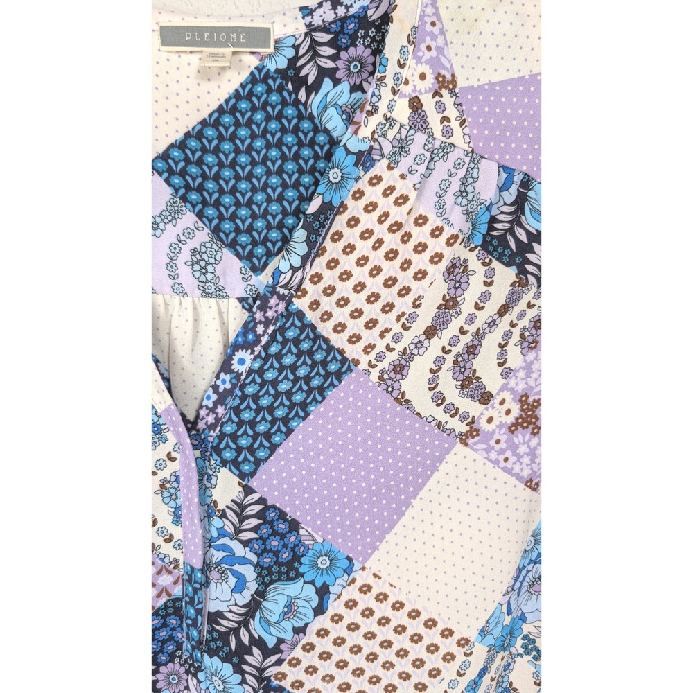 PLEIONE Patchwork Floral Blue Purple Print Long Sleeve V Neck‎ Blouse Size M - Picture 3 of 7